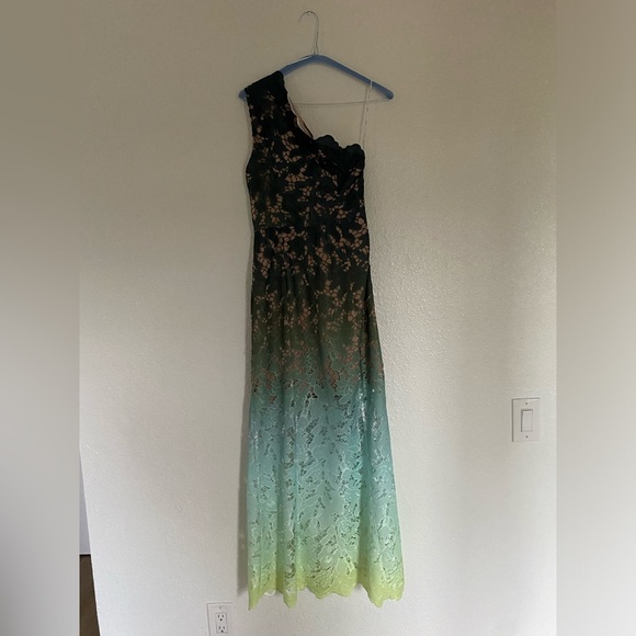 Anthropologie Eliatt Green/Blue Ombre One-Shoulder Sheer Lace Side-Slit Dress - Picture 3 of 10